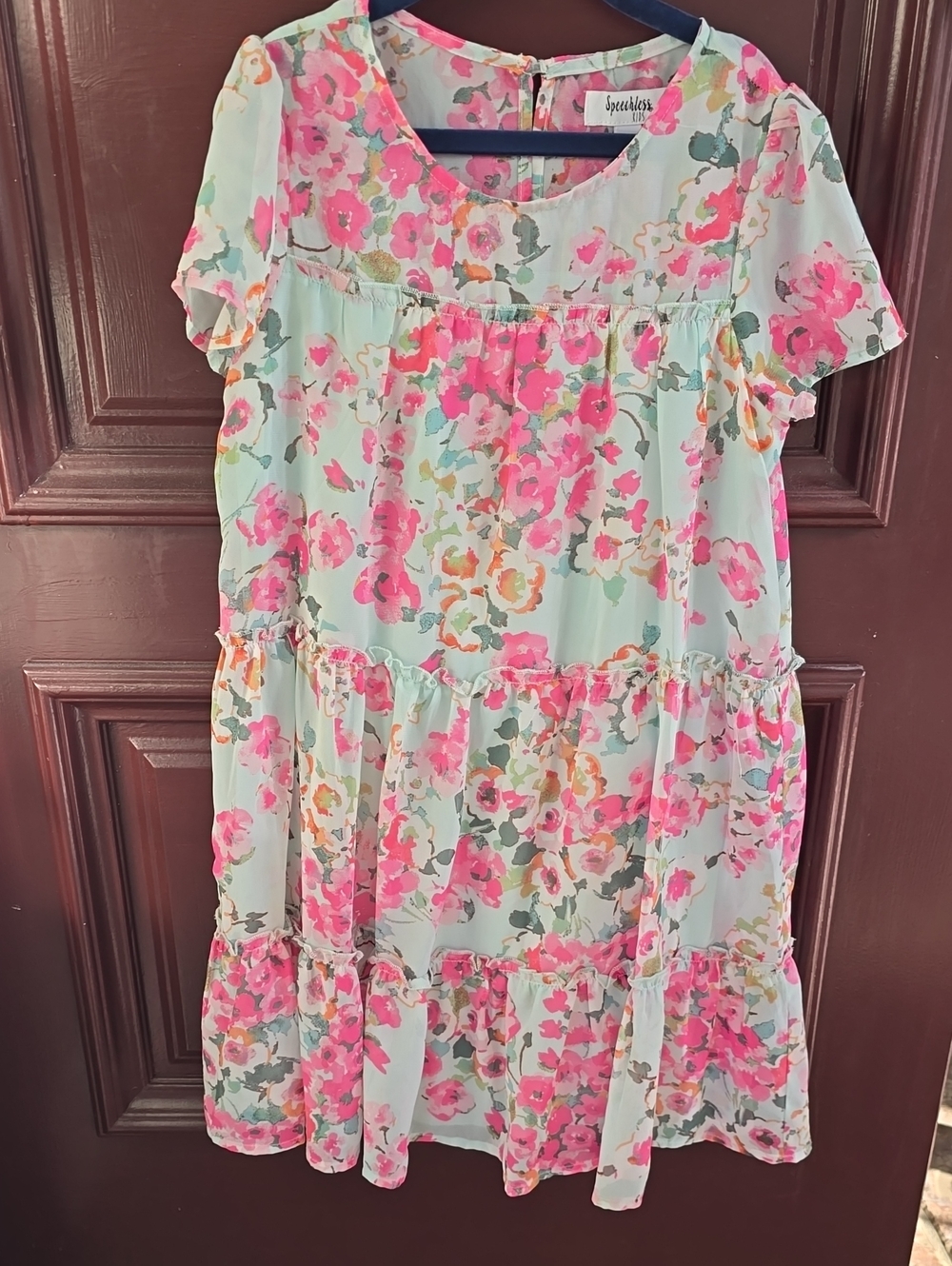 Speechless Kids Floral Tiered Dress - Mint & Hot Pink